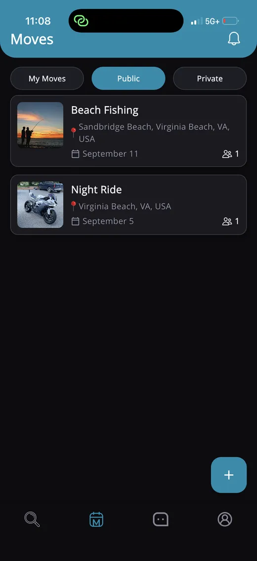 Moves tab listing public plans like Beach Fishing and Night Ride